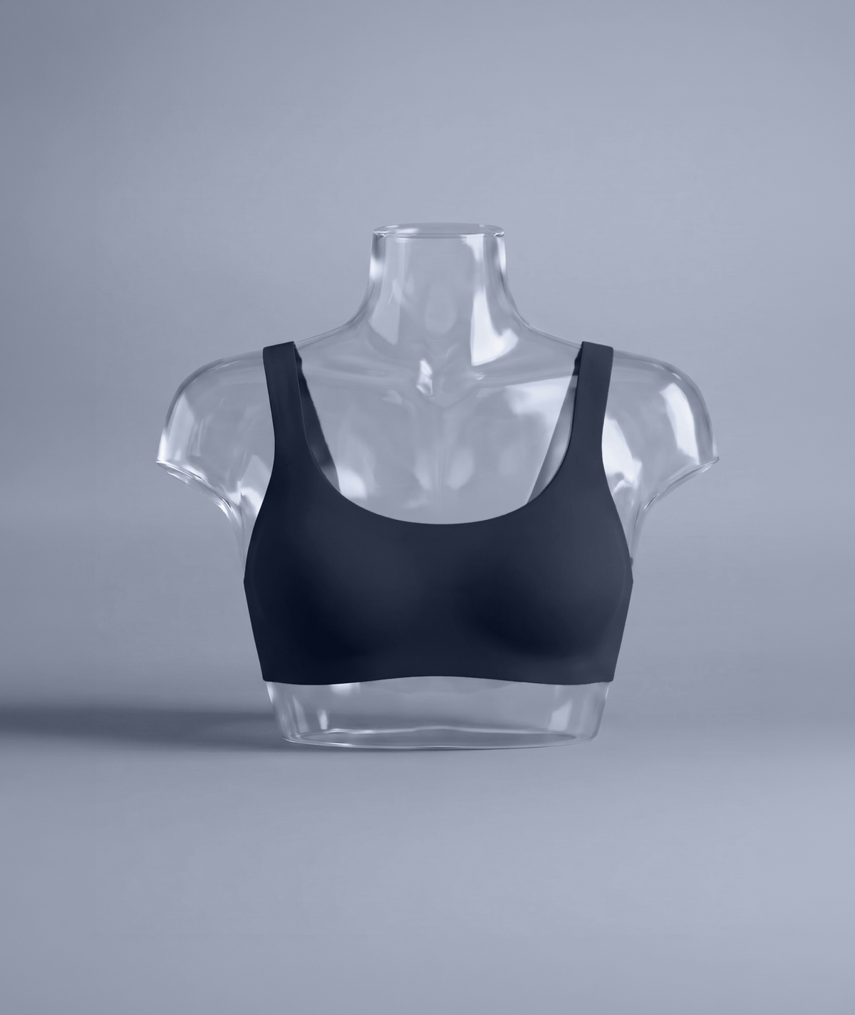 Daily Embrace in Navy, bust close-up on a clear display form showing the smooth seam-free cups and wide straps