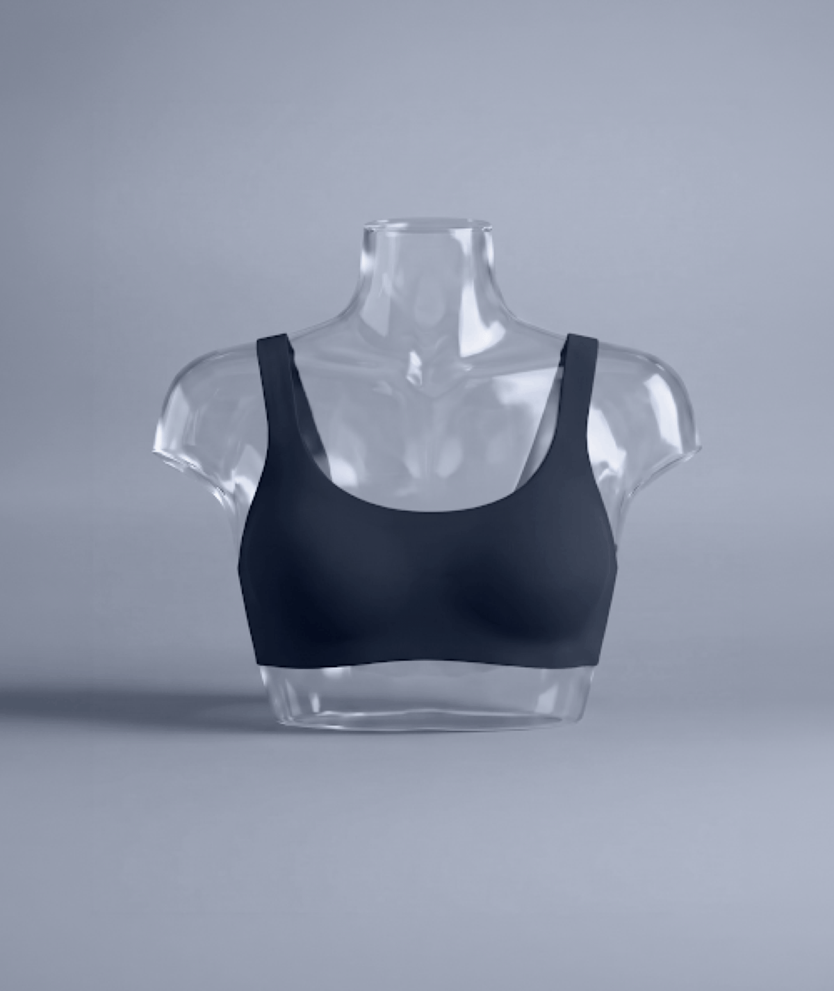 Daily Embrace in Navy, bust close-up on a clear display form showing the smooth seam-free cups and wide straps