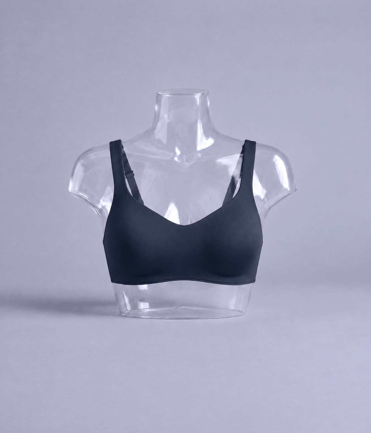 Daily Embrace Adjustable in Navy, bust close-up on a clear display form