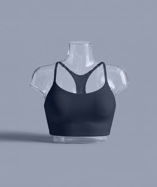 Daily Racerback in Navy, bust close-up of the racerback bra on a clear display form